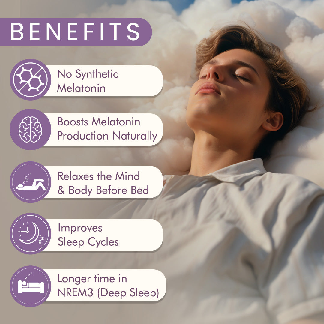 Person lying down with benefits of a natural sleep aid listed above them.