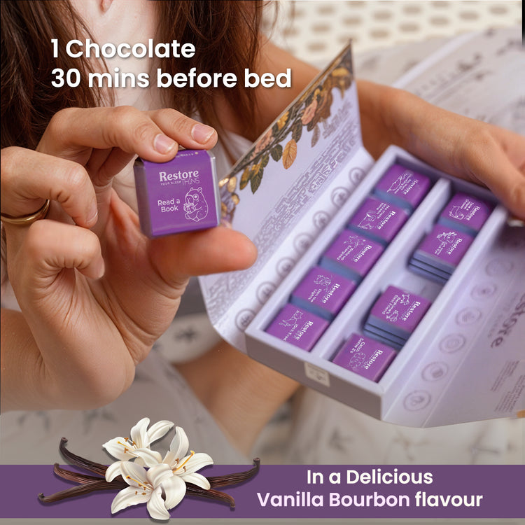 Caim Restore Your Peace sleep chocolate pouch in calming blue packaging, promoting peaceful rest.