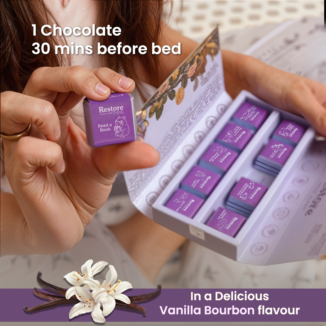 Caim Restore Your Peace sleep chocolate pouch in calming blue packaging, promoting peaceful rest.