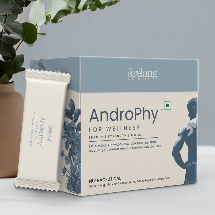 Box of AndroPhy supplement with a sachet beside it, featuring a silhouette of a muscular figure