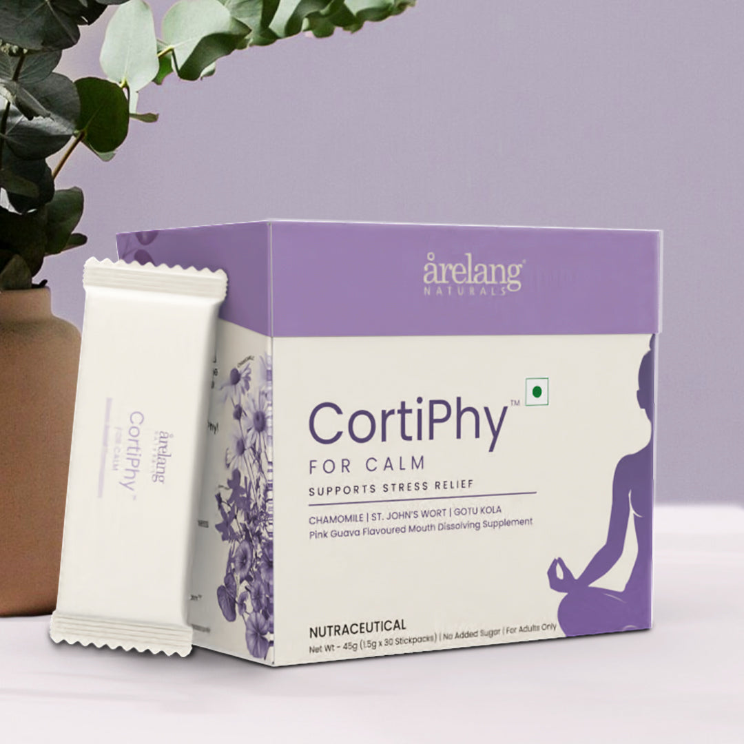 Box of CortiPhy, a stress relief supplement, on a lavender background. The packaging features meditating figure