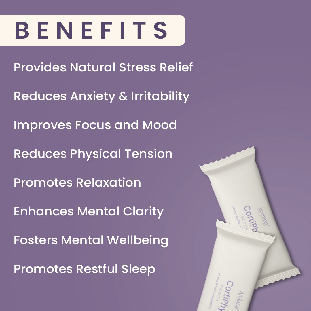 White packets with 'Cortiphy' branding on a purple background with text listing benefits.