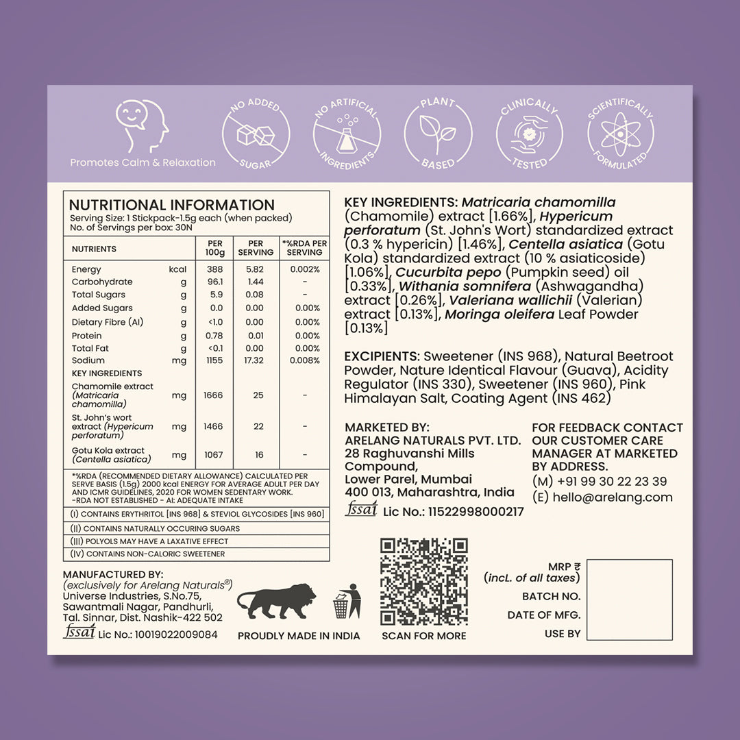 Product label with nutritional information and ingredient list on a purple background