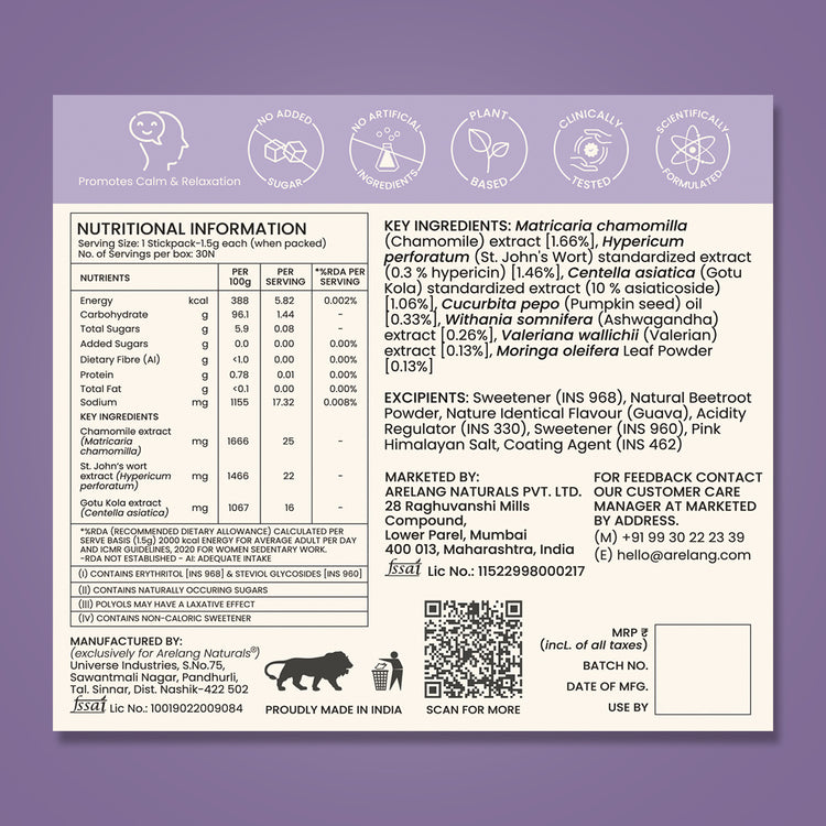 Product label with nutritional information and ingredient list on a purple background