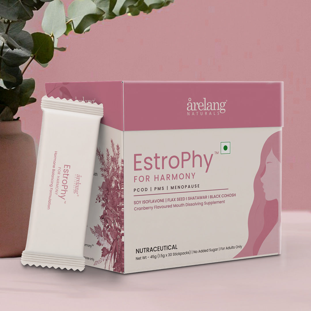 EstroPhy women’s health supplement box with sachet, foliage illustration, and calming pink-cream design
