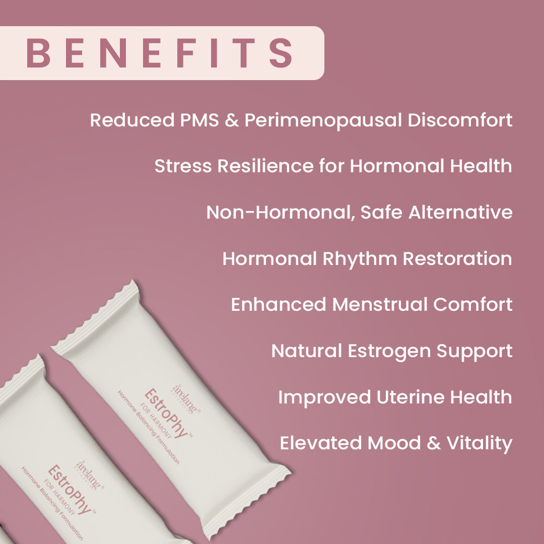 EstroPhy women's health supplement box with sachet, featuring apple juice concentrate and natural ingredients