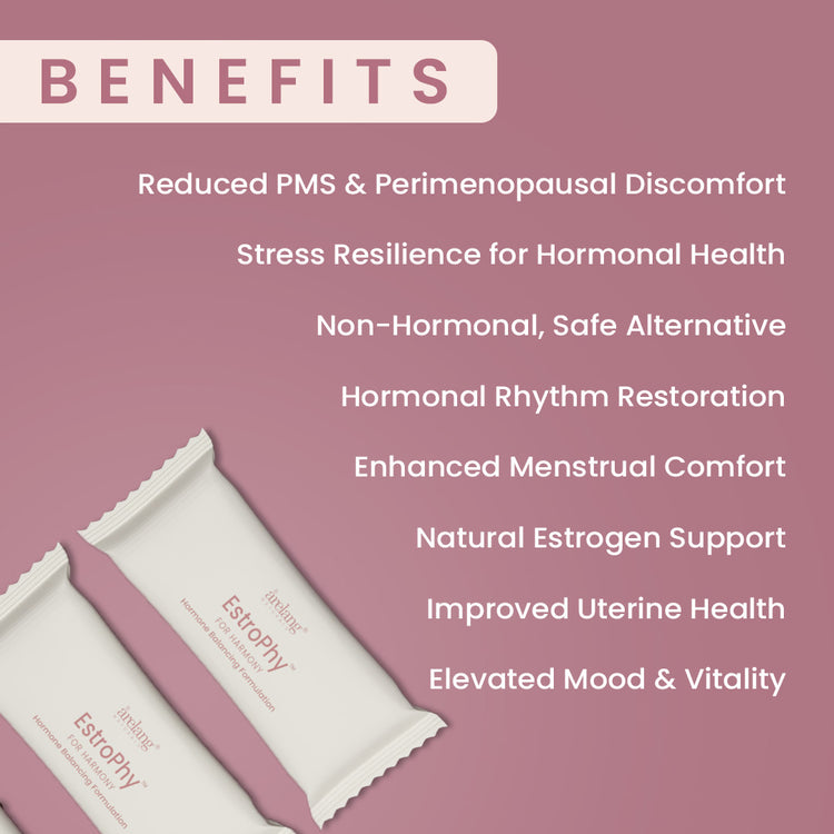 EstroPhy women's health supplement box with sachet, featuring apple juice concentrate and natural ingredients