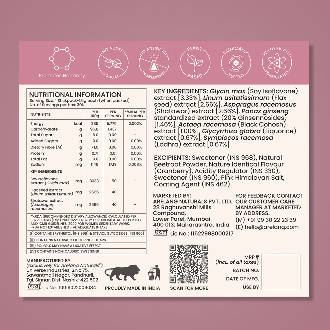 White product label with pink header. Lists nutritional information and key ingredients like soy isoflavone and flax seed extract
