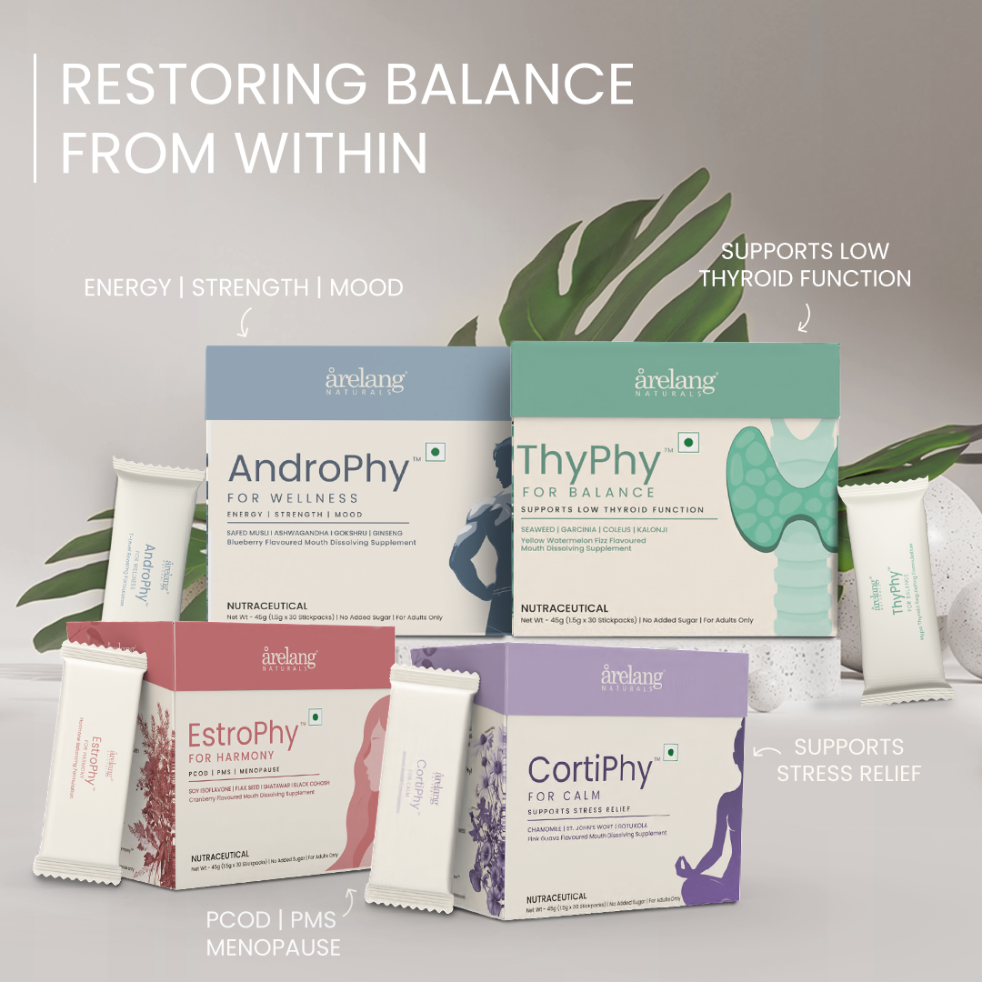 Four wellness supplement boxes, each with colorful powder, emphasizing stress relief and hormonal balance.
