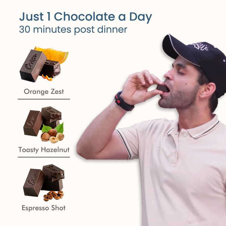 Man eating Rekindle for Men sugar-free dark chocolate bar with Espresso Shot flavor, boosting energy and testosterone levels.