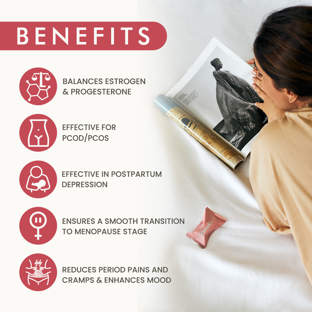 Woman reading a magazine with product packaging and text about benefits on a white background