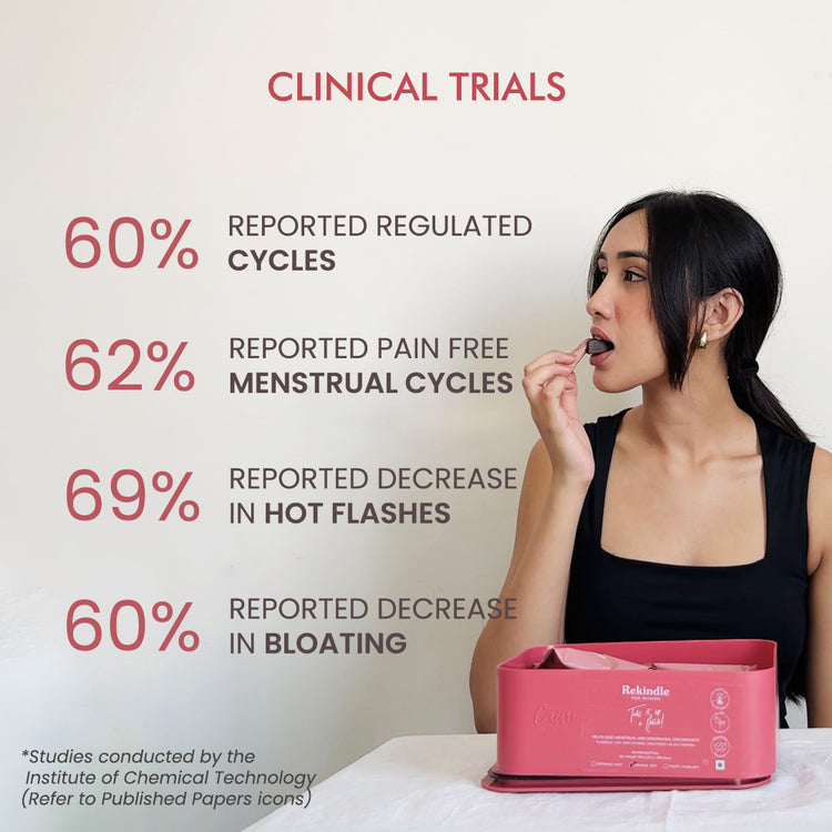 A woman enjoys a dark chocolate beside a sign that reads "Clinical Trials."