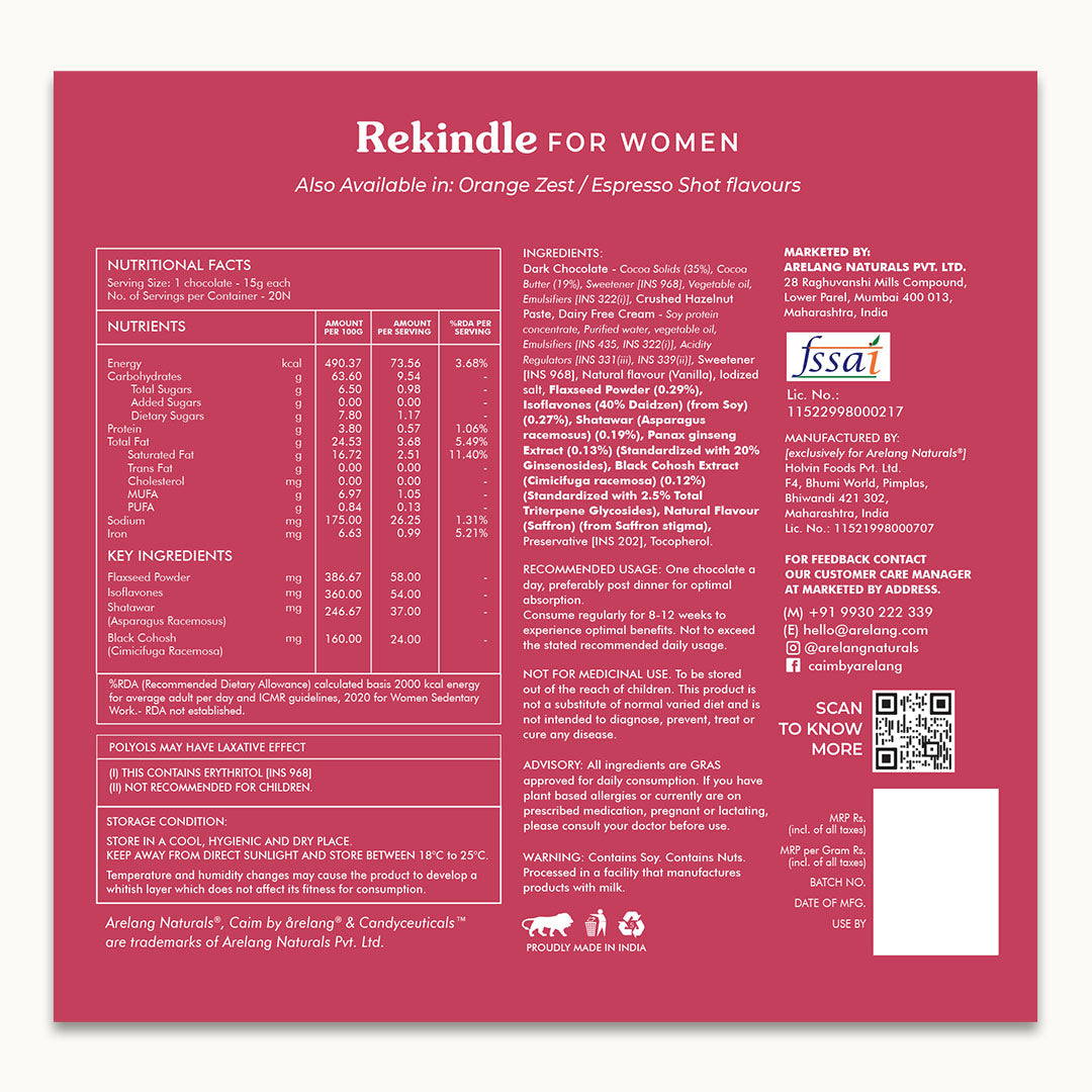 Nutritional facts and ingredients for Caim Rekindle for Women dark chocolate