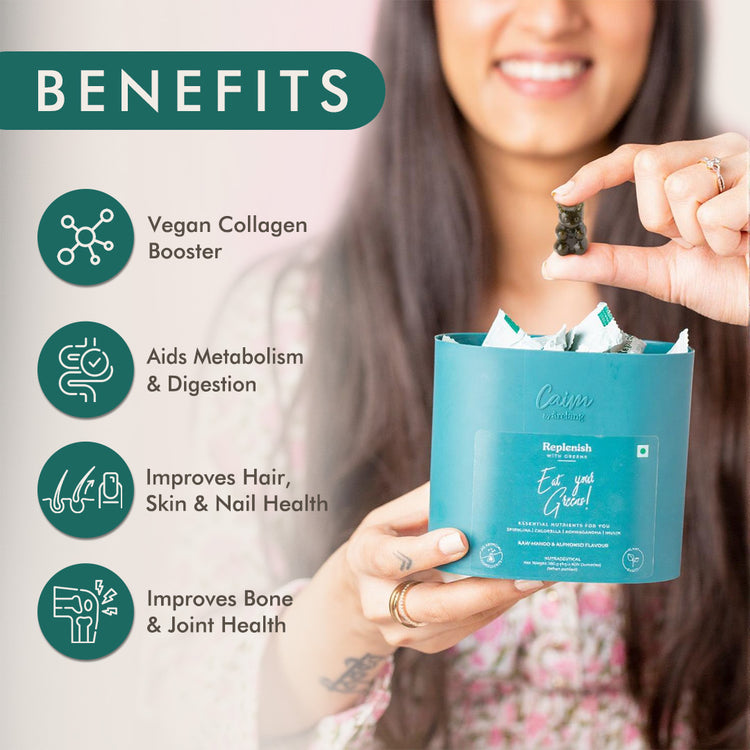 A woman holds a box of pills labeled "benefits," smiling and looking hopeful about their positive effects.