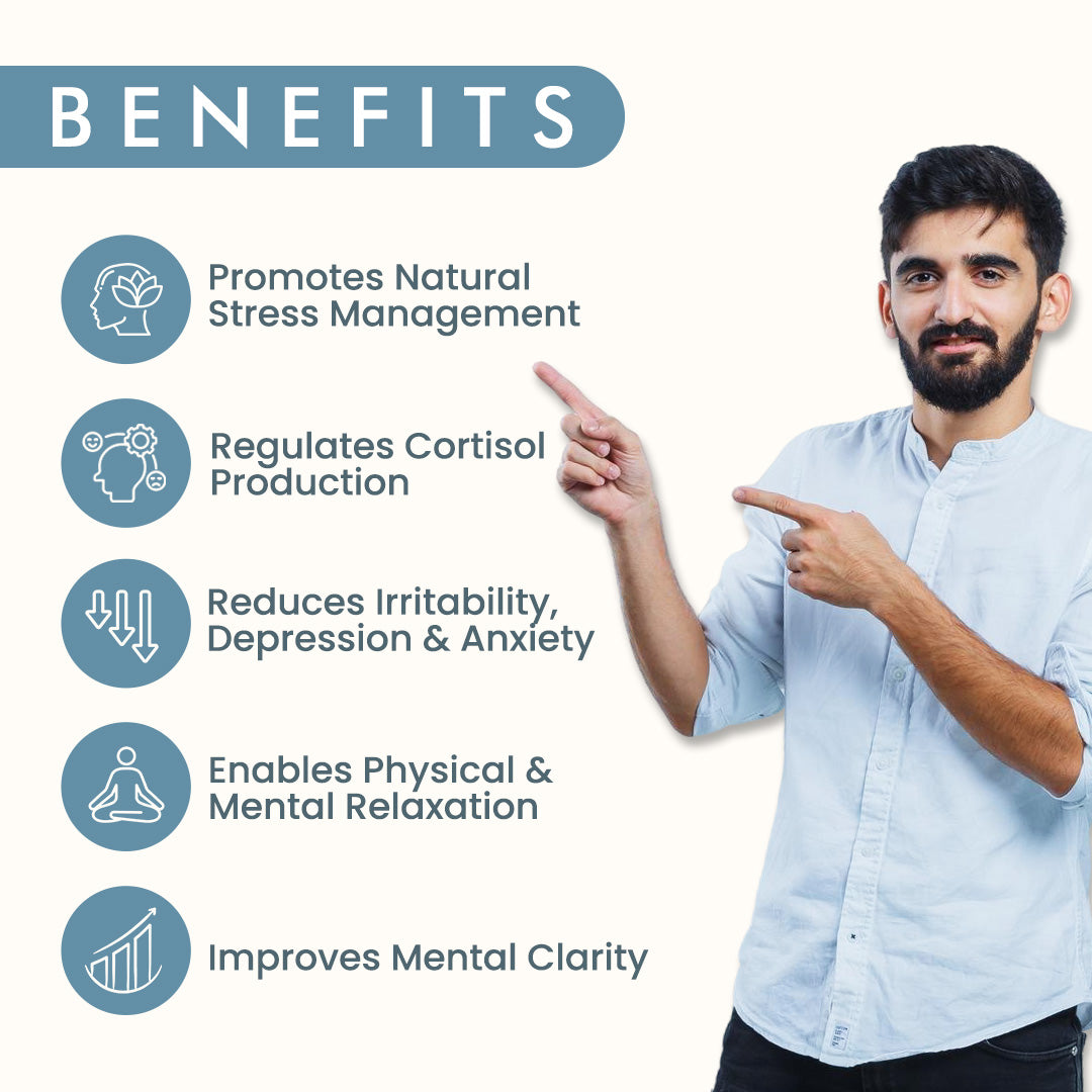 Man pointing to a list of benefits on a white background