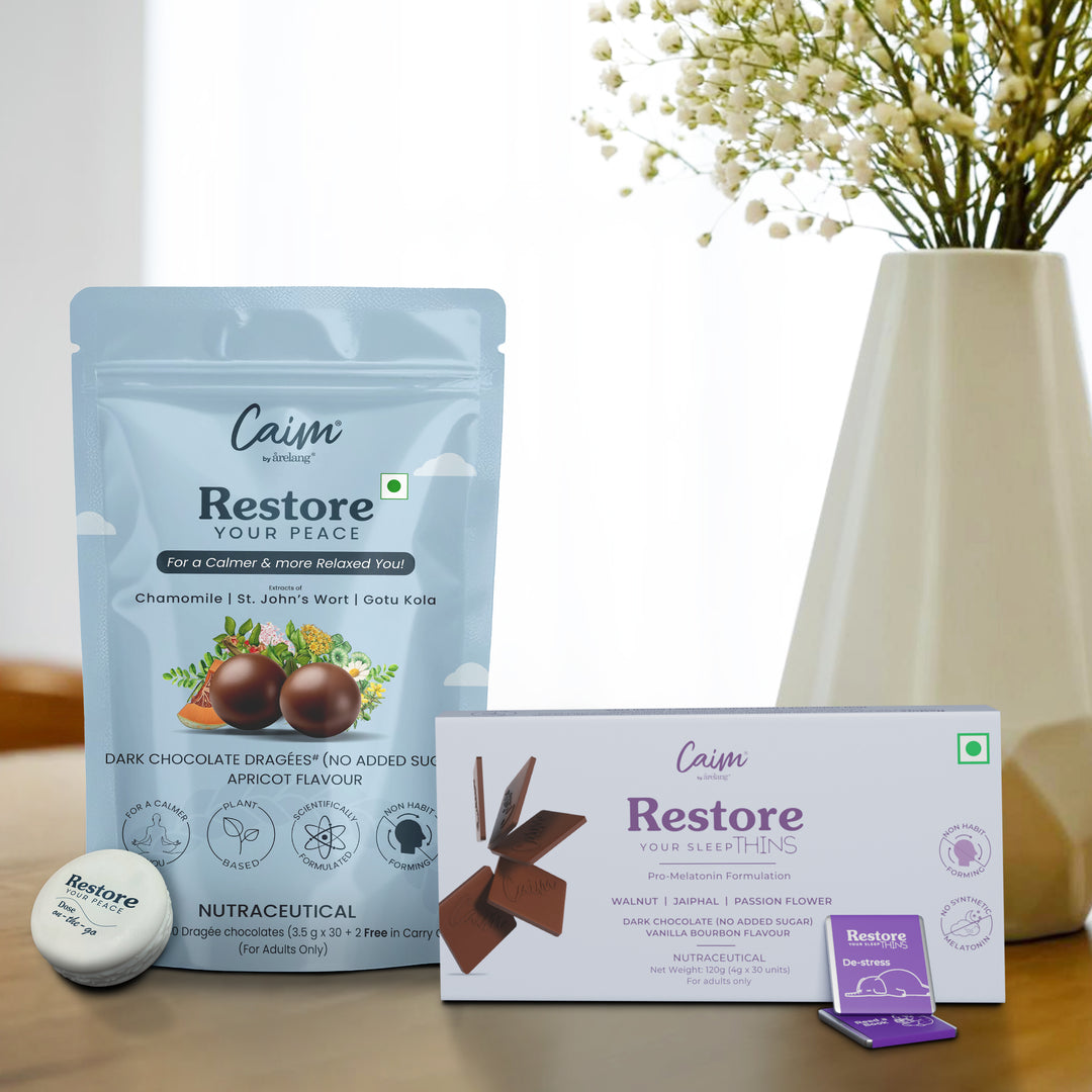 Caim Restore Your Peace & Restore Your Sleep Thins combo pack: plant‑based dark chocolate for stress relief and restful sleep.