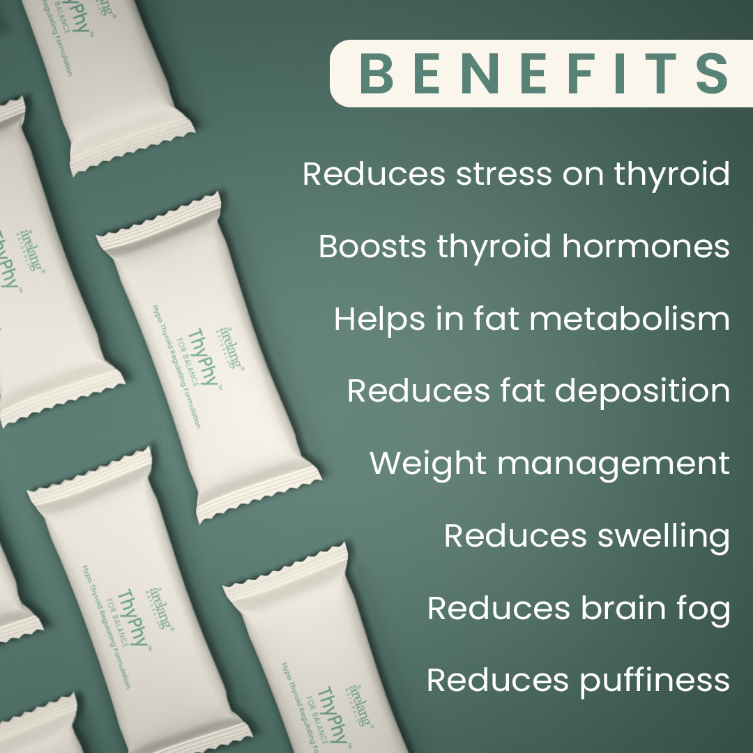 Thyphy health product packaging with benefits listed on a green background