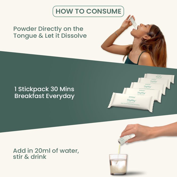 A woman consumes powder from a stick pack labeled "ThyPhy."