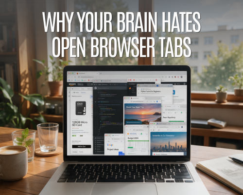Laptop crowded with overlapping browser tabs on a sunlit desk, beneath the headline “Why your brain hates open browser tabs”, conveys digital clutter and stress.