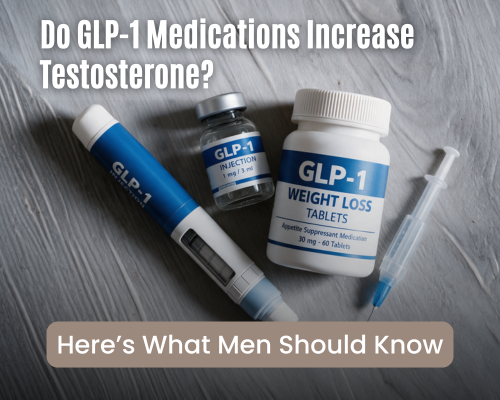 Informative health graphic shows, “Do GLP-1 medications increase testosterone?” beside an injection pen, vial, weight-loss tablets, and syringe.