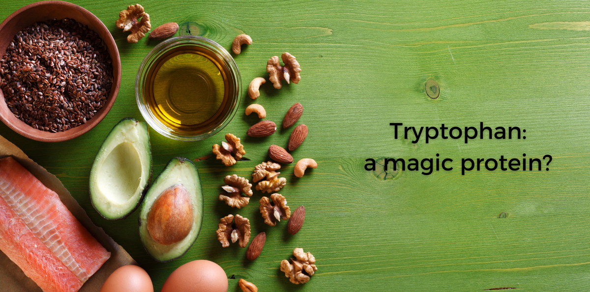 Healthy foods like salmon, avocado, nuts, and seeds on a green table with text: "Tryptophan: a magic protein?
