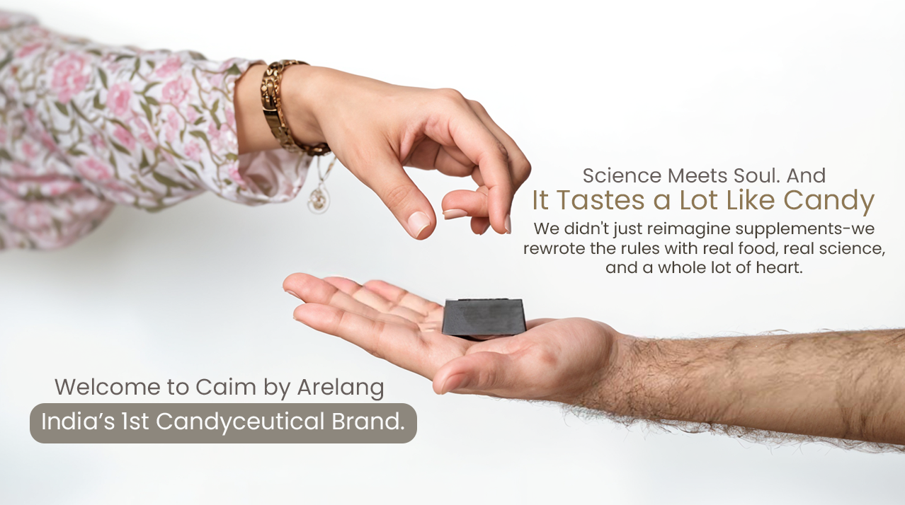 Two hands exchanging a small black object with text about a candyceutical brand on a white background.