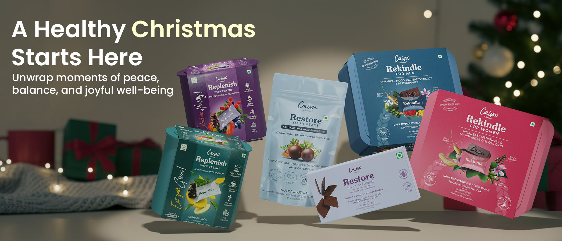  Rekindle wellness products on a table with Christmas decorations in the background