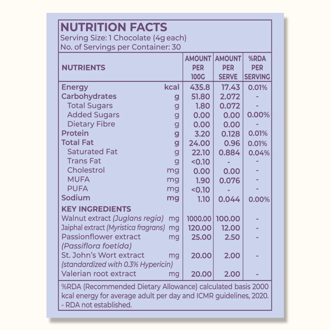 Nutrition facts label for a chocolate product with detailed nutritional information and ingredients.