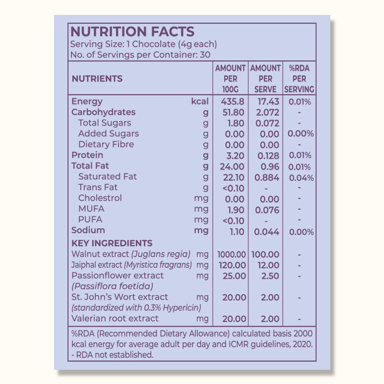 Nutrition facts label for a chocolate product with detailed nutritional information and ingredients.
